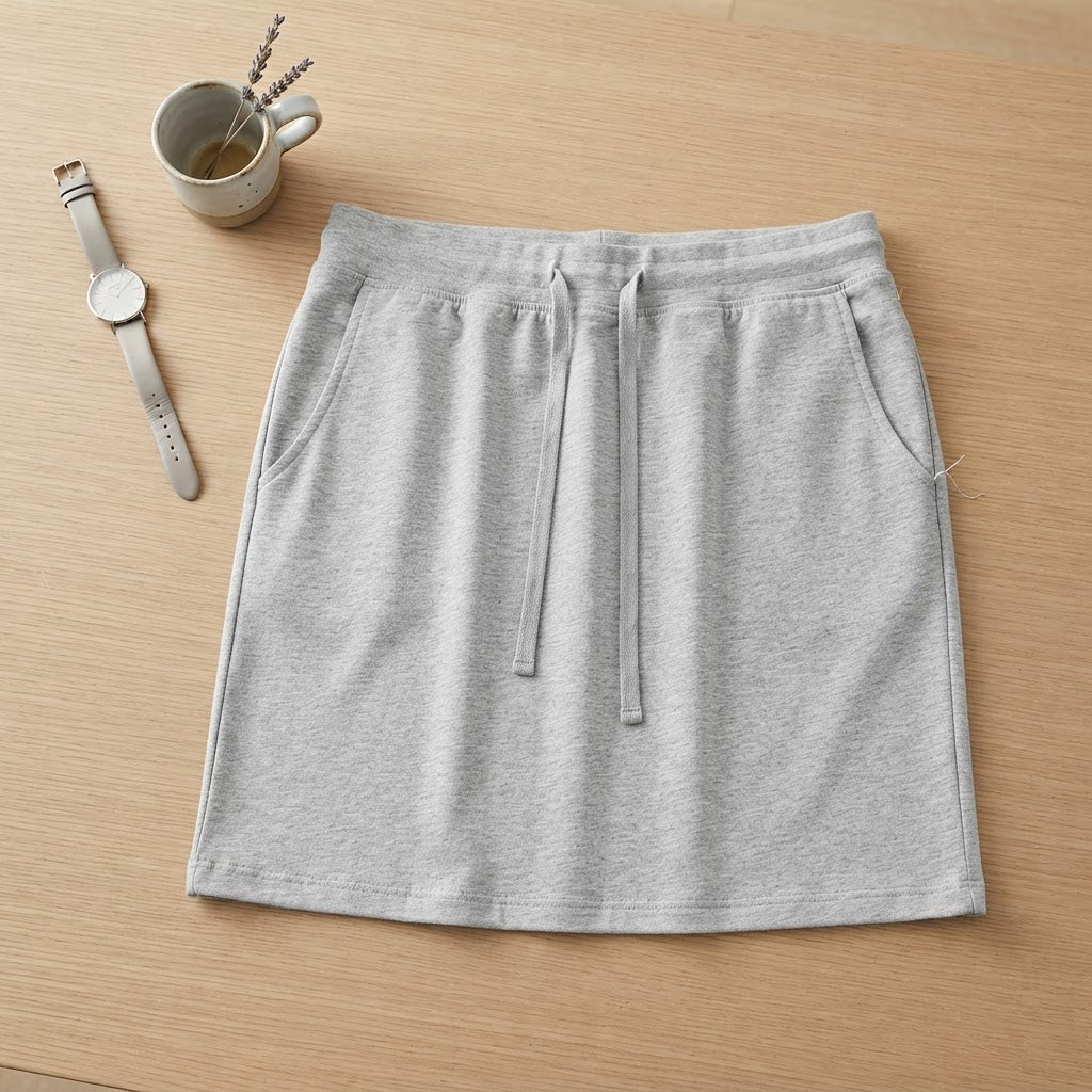 Light Grey Heather Drawstring Jersey Mini Skirt