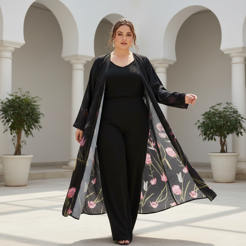 S D N L I N E Women's Black Floral Open-Front Long Abaya