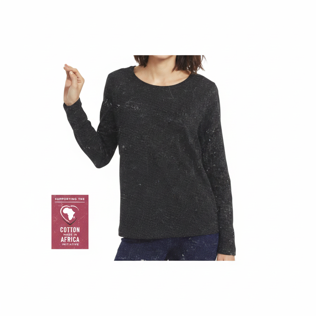 Women's Black Cotton Long Sleeve Crew Neck Top