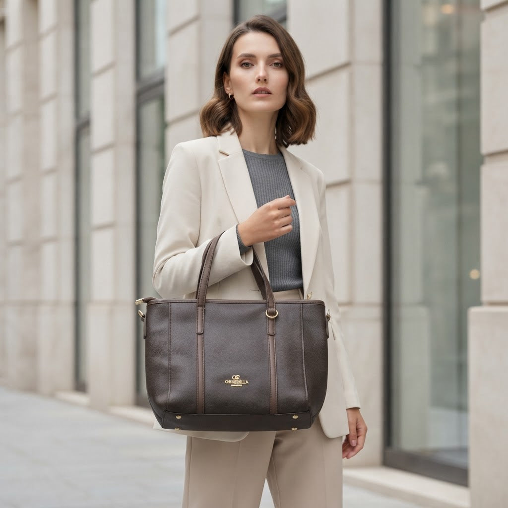 Chrisbella Dark Brown Textured Top-Handle Tote