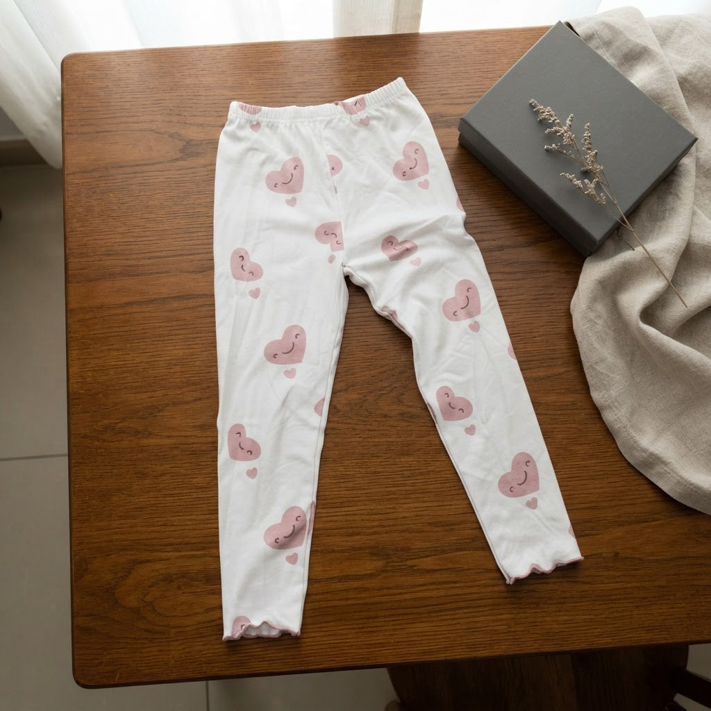 SHEIN White Ankle Leggings with Pink Kawaii Heart Print