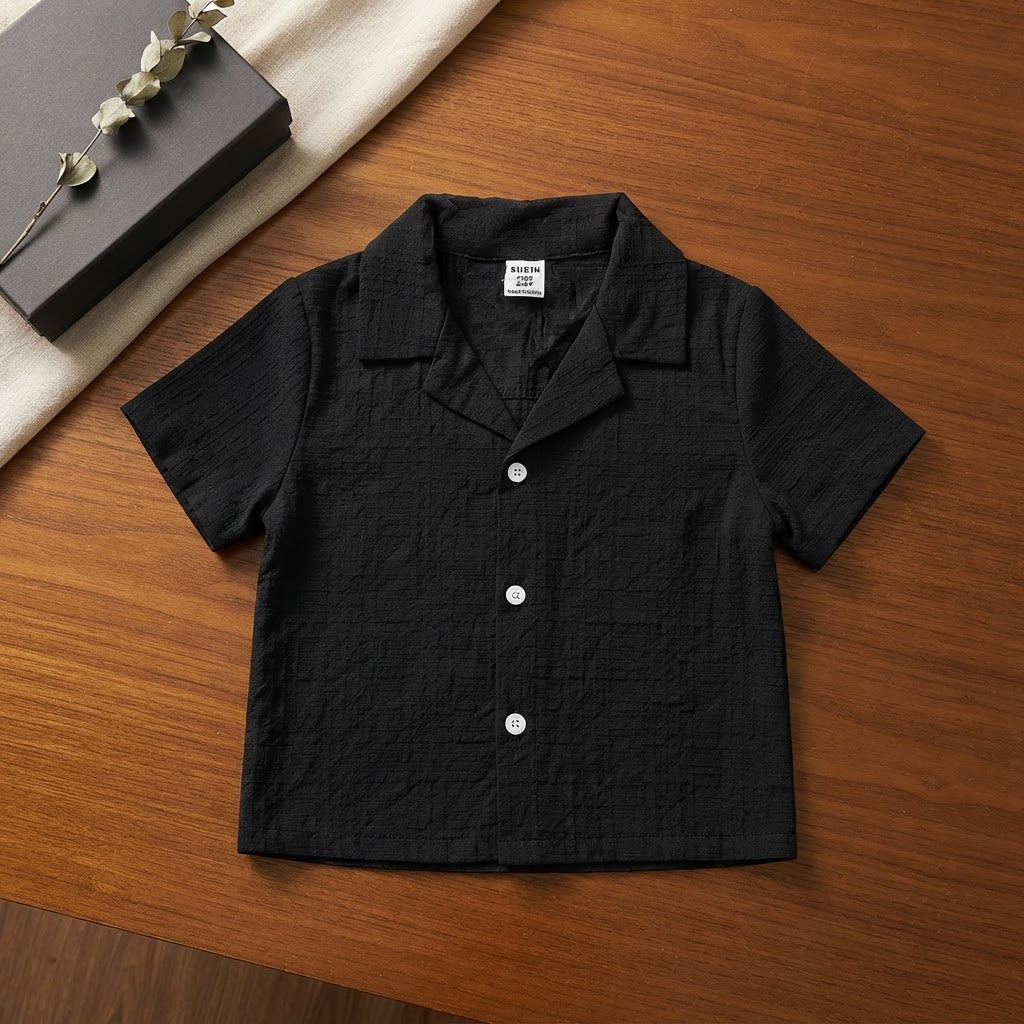 SHEIN SHEIN Black Crinkle Gauze Camp Collar Toddler Shirt