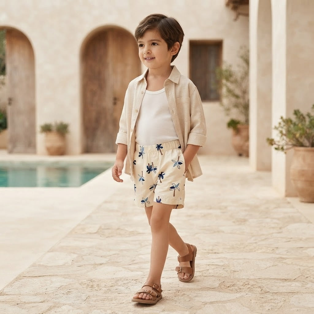 SHEIN Cream Palm Tree Embroidered Pull-On Kids' Shorts