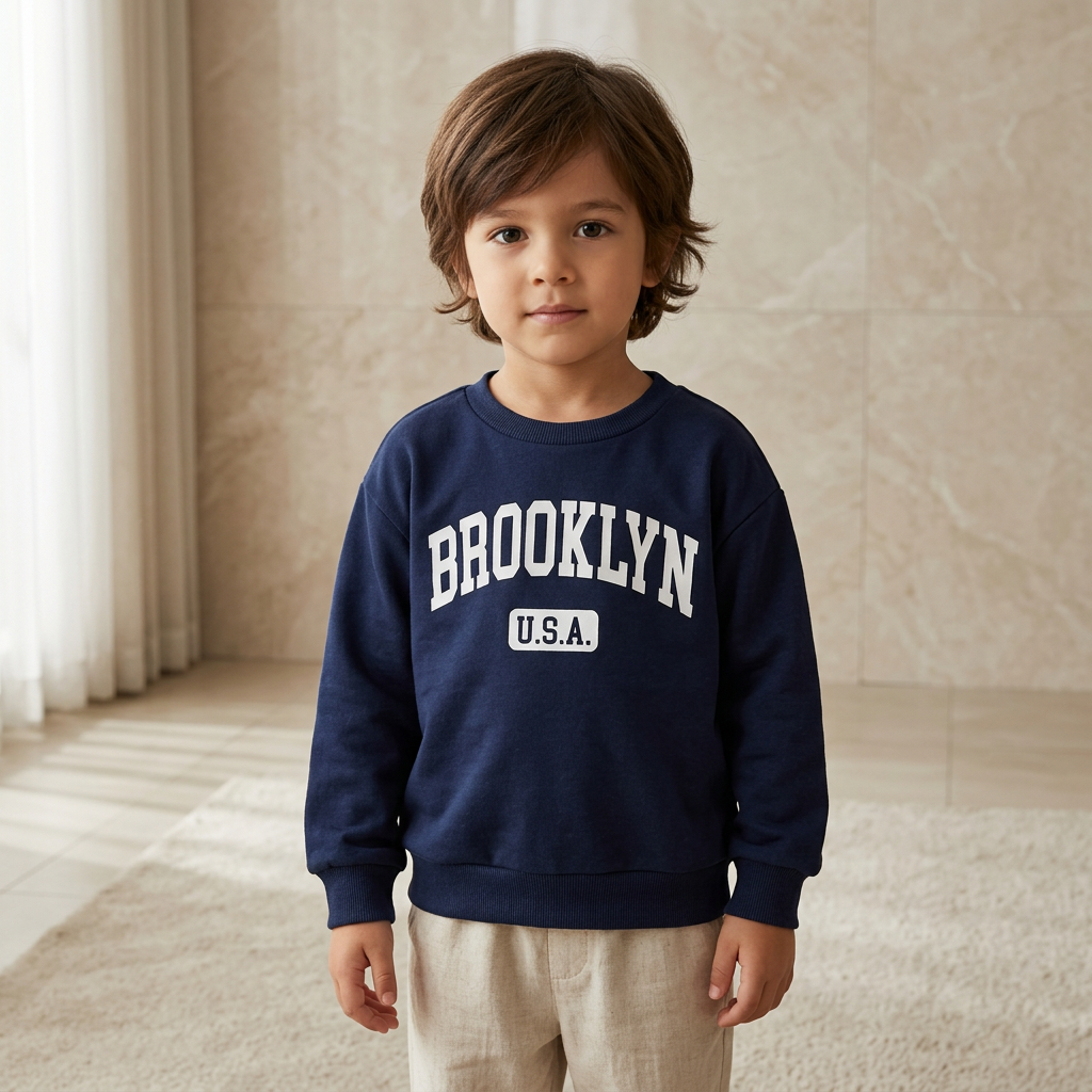 SHEIN Navy Blue Kids Brooklyn USA Graphic Crewneck Sweatshir