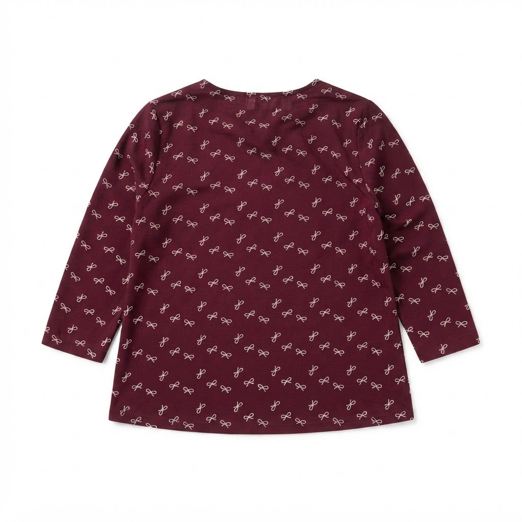 Women's Burgundy Bow Print V-Neck Long Sleeve Blouse