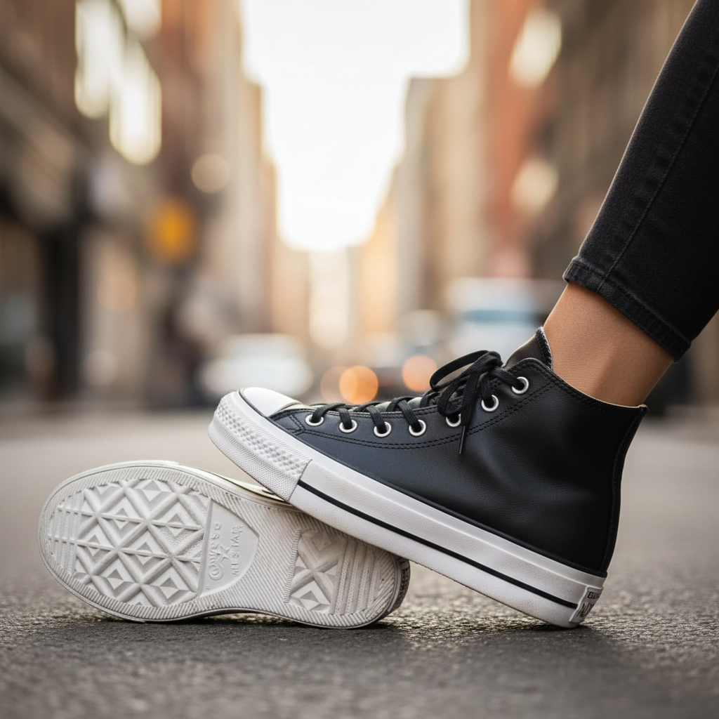 Converse Black Leather High Top Platform Sneakers
