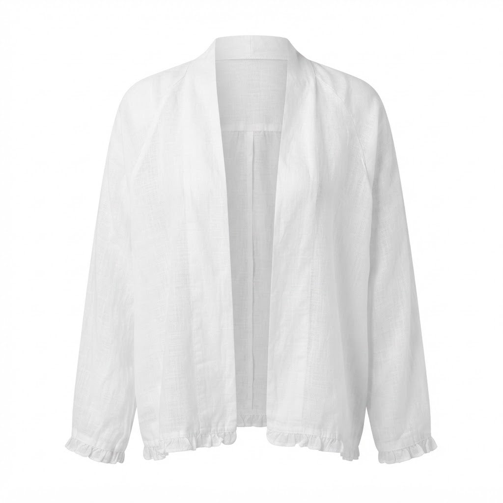Women's White Linen Ruffle Hem Open Front Cardigan