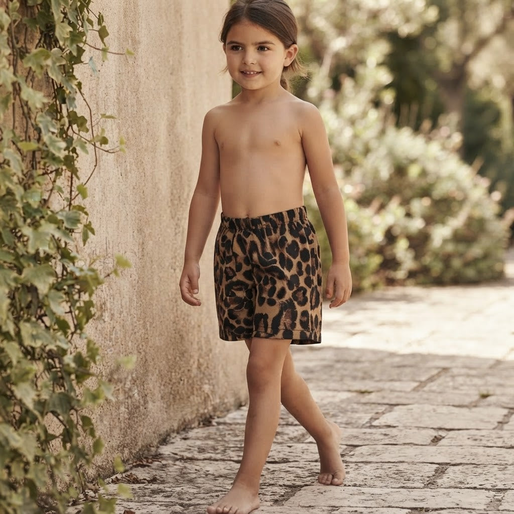 SHEIN Tan Leopard Print SHEIN Kids' Shorts with Elastic Wais