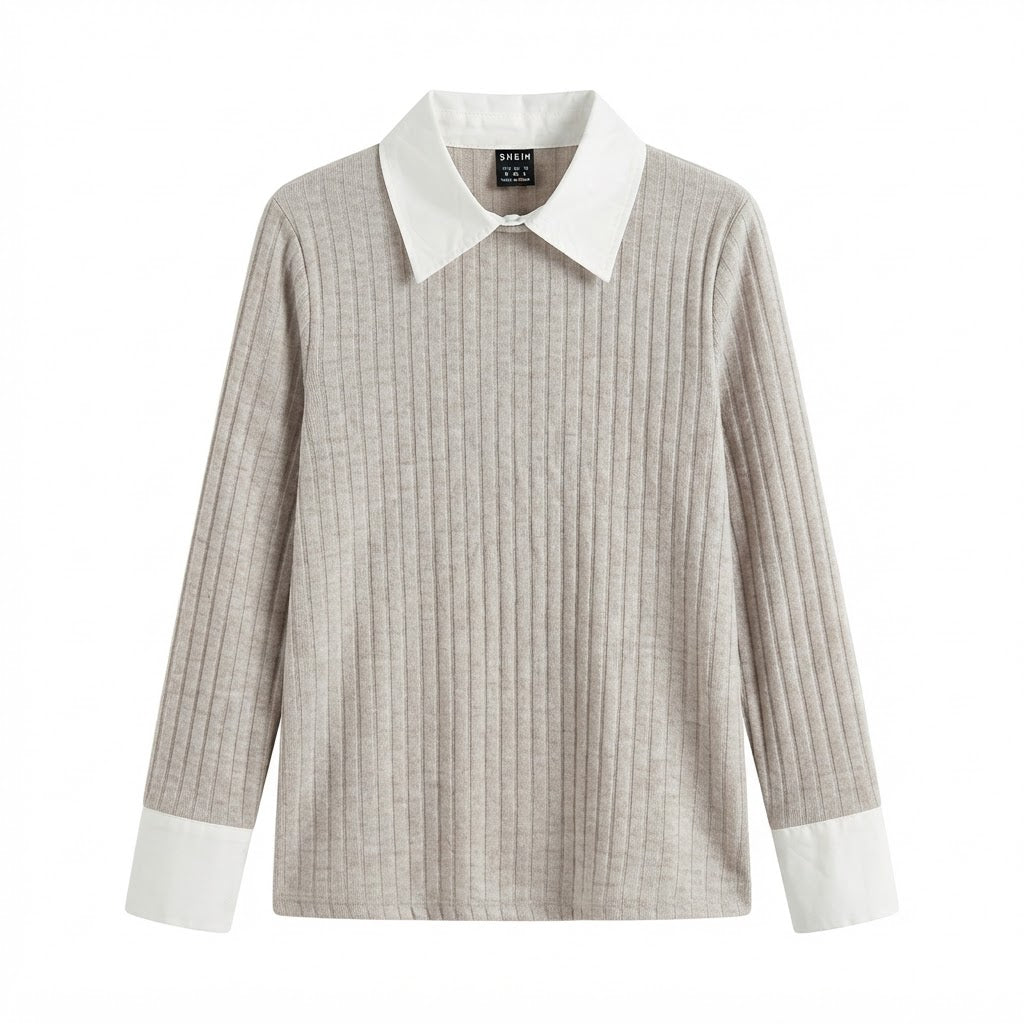 SHEIN Greige Ribbed Knit Pullover with Contrast White Collar