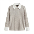SHEIN Greige Ribbed Knit Pullover with Contrast White Collar