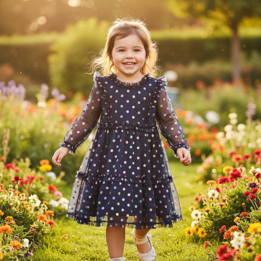 Three Pink Hearts Navy Metallic Polka Dot Tiered Dress