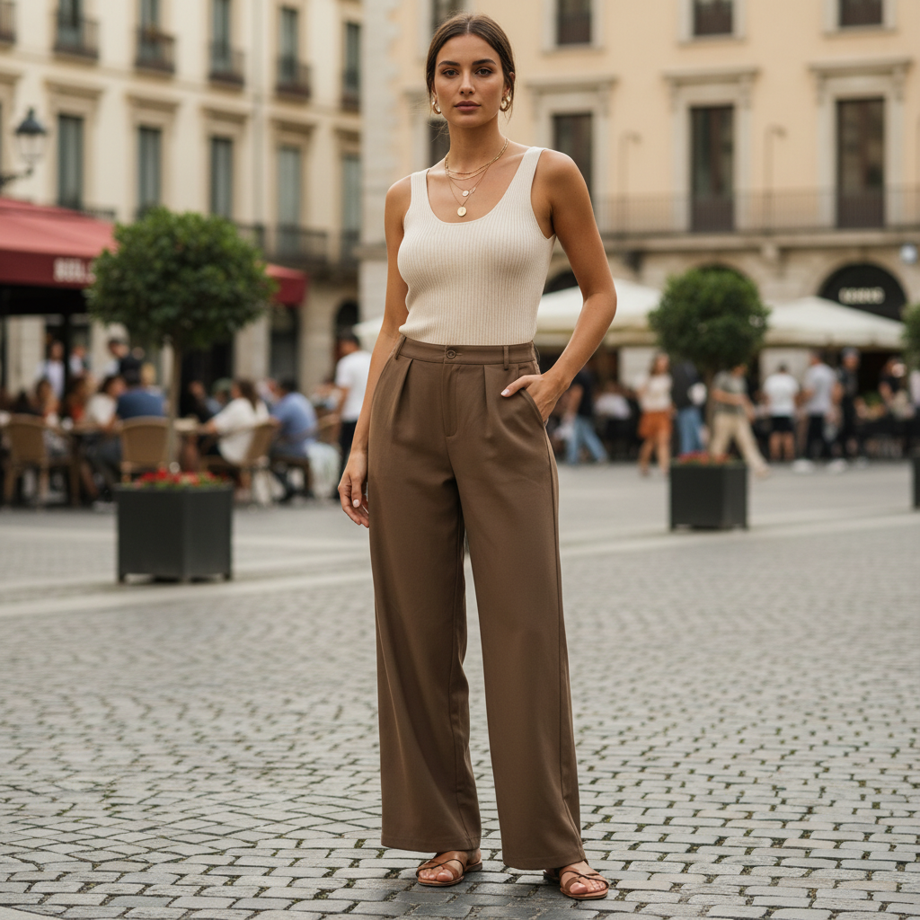 Dazy Women's Brown Pleated High-Waisted Wide Leg Trousers