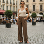 Dazy Women's Brown Pleated High-Waisted Wide Leg Trousers