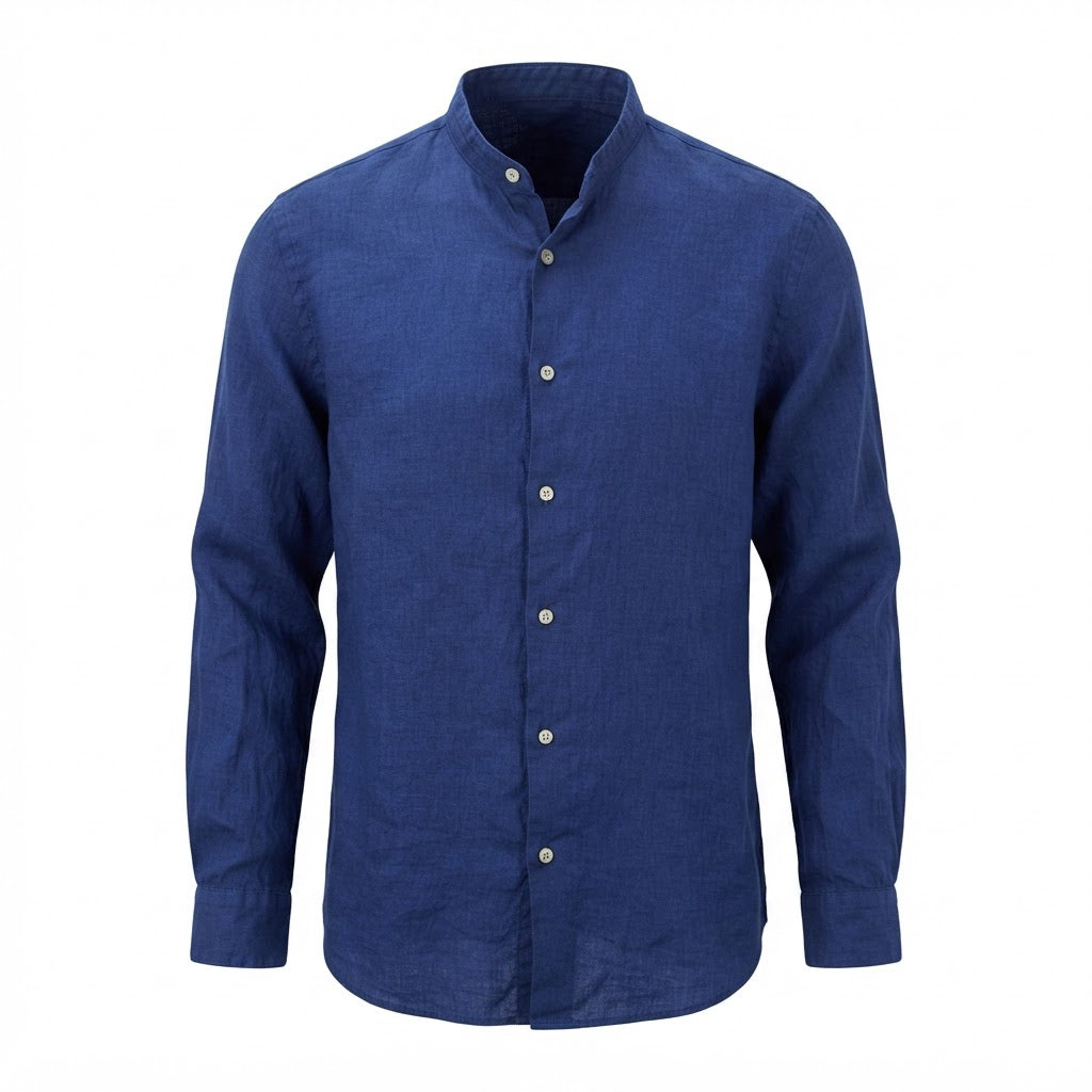 ZARA MAN Men's Blue Linen Mandarin Collar Tailored Shirt
