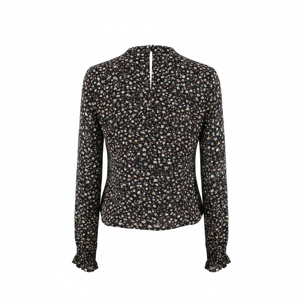 Bershka BSK Girl Black Floral Ruffle Neck Long Sleeve Top