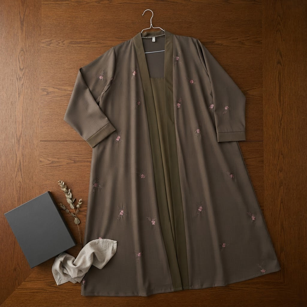 represent Olive Brown Embroidered Open-Front Abaya with Wide