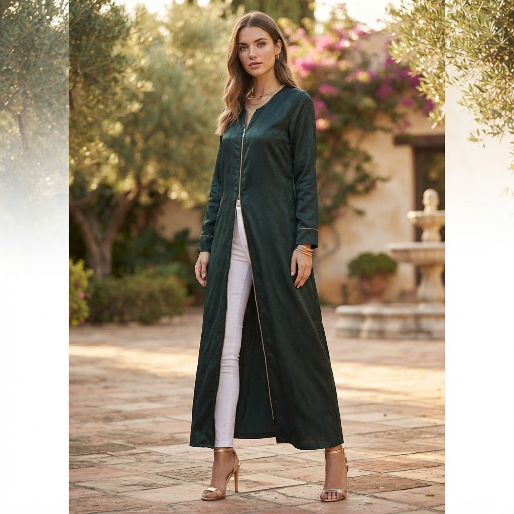 Women's Dark Green Jacquard Zip-Front Long Abaya