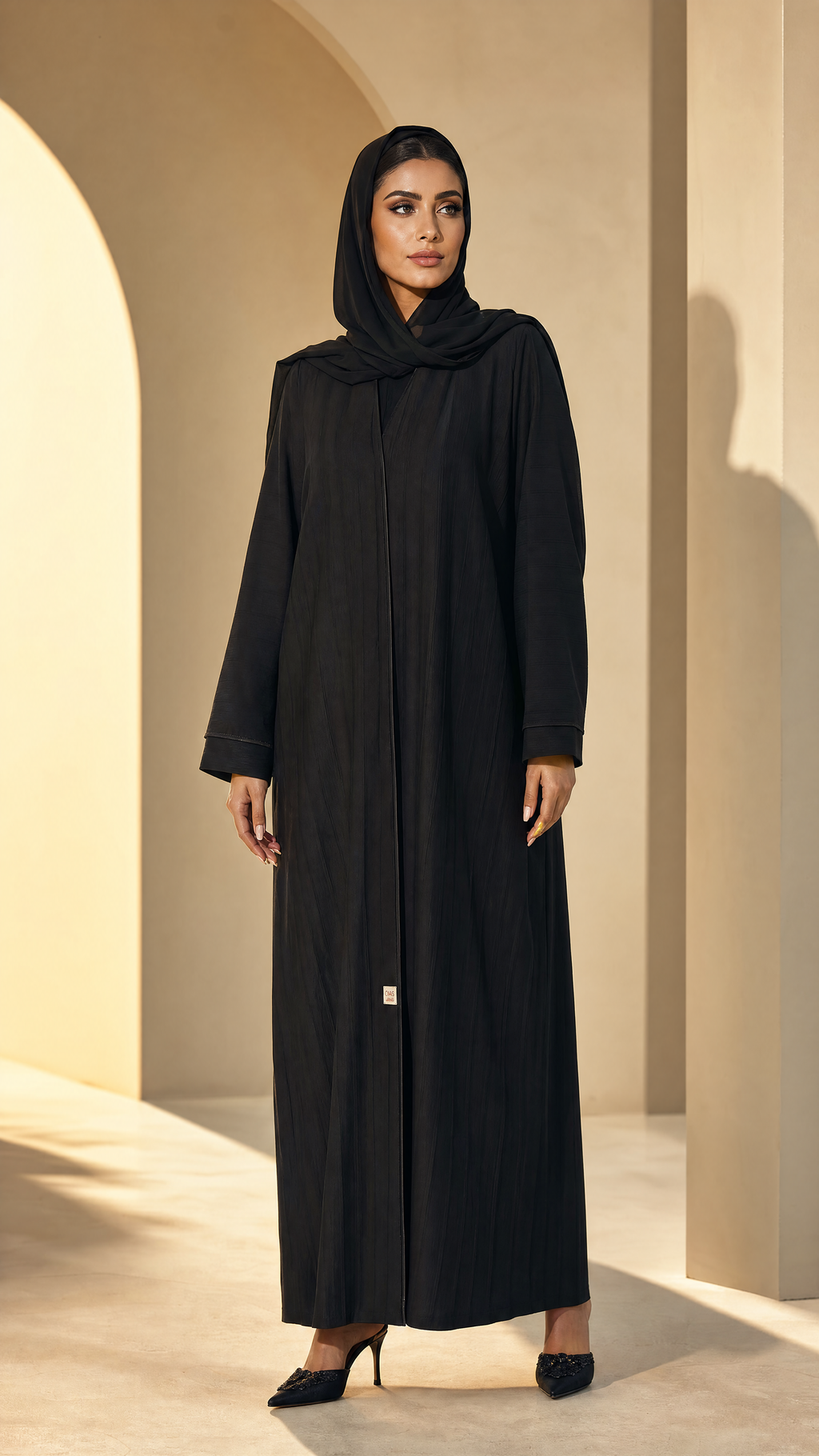 Elegant Black Textured Open Front Abaya Robe