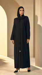 Elegant Black Textured Open Front Abaya Robe