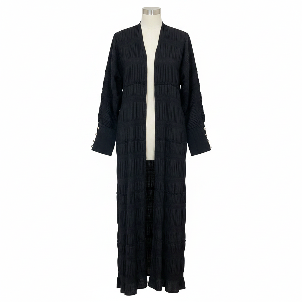 Women's Black Ruched Maxi Open-Front Robe