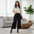Women's Black Plissé Wide-Leg Pleated Culottes