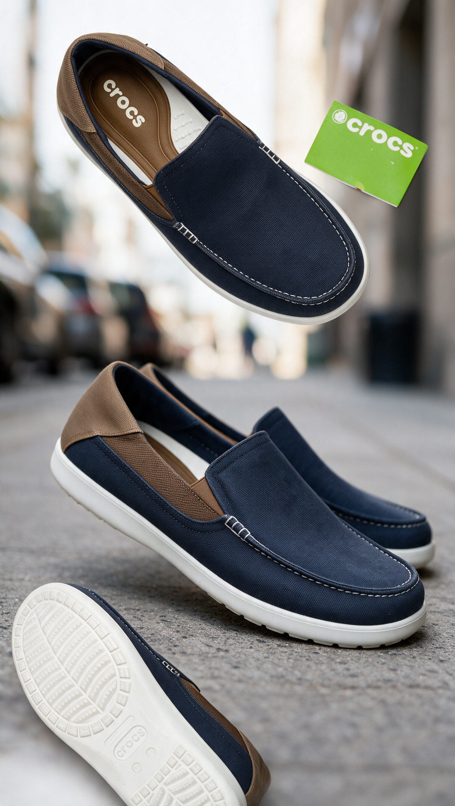 Navy Blue Canvas Slip-On Loafers with White Stitching