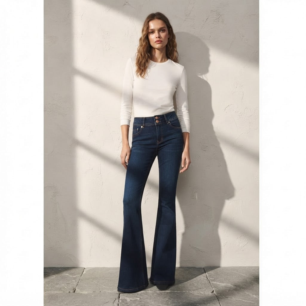 Bershka Dark Indigo Double-Button High-Rise Slim Flare Jeans