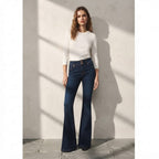 Bershka Dark Indigo Double-Button High-Rise Slim Flare Jeans