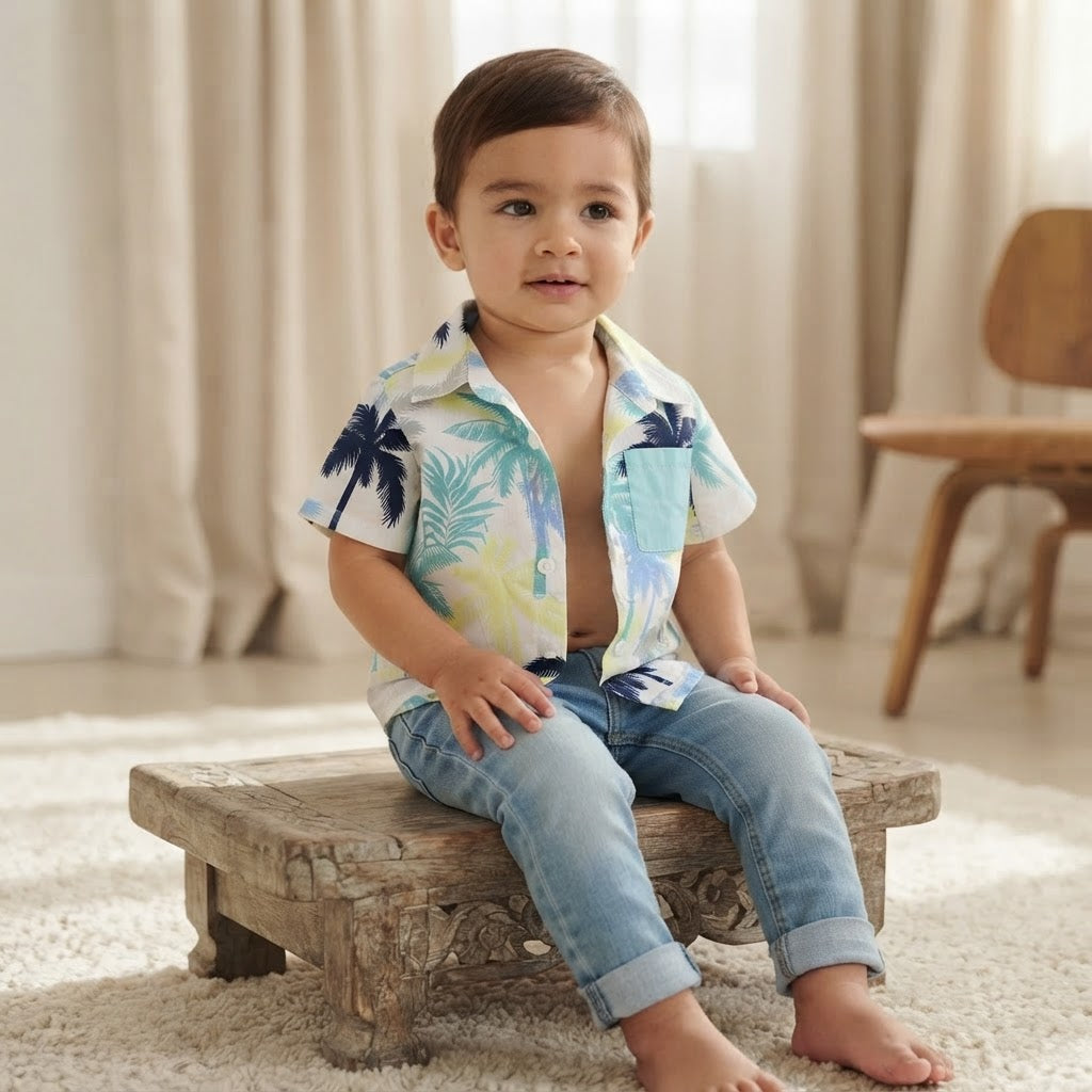 Boys Tropical Palm Tree Print Short Sleeve Button-Down