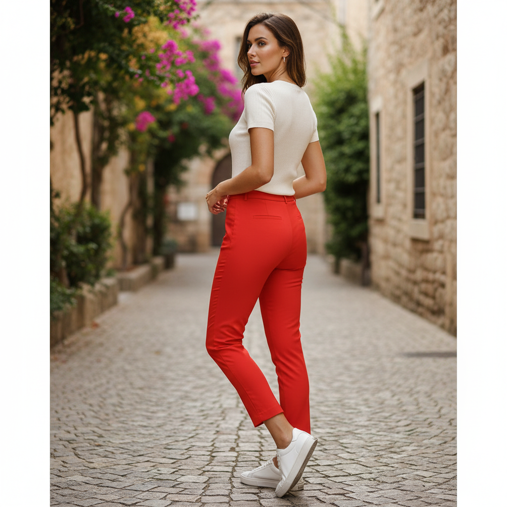 ZARA Women's Red High-Waisted Belted Tapered Trousers