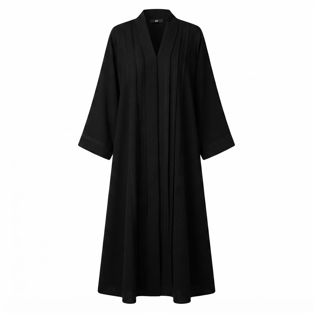 Elegant Black V-Neck Pintuck Abaya Maxi Dress