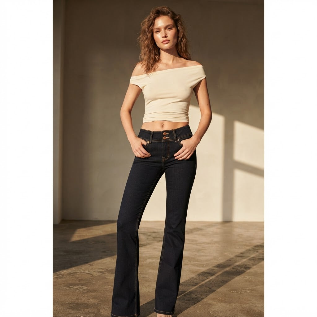 Bershka Dark Indigo Flared Jeans with Amber Contrast Stitchi