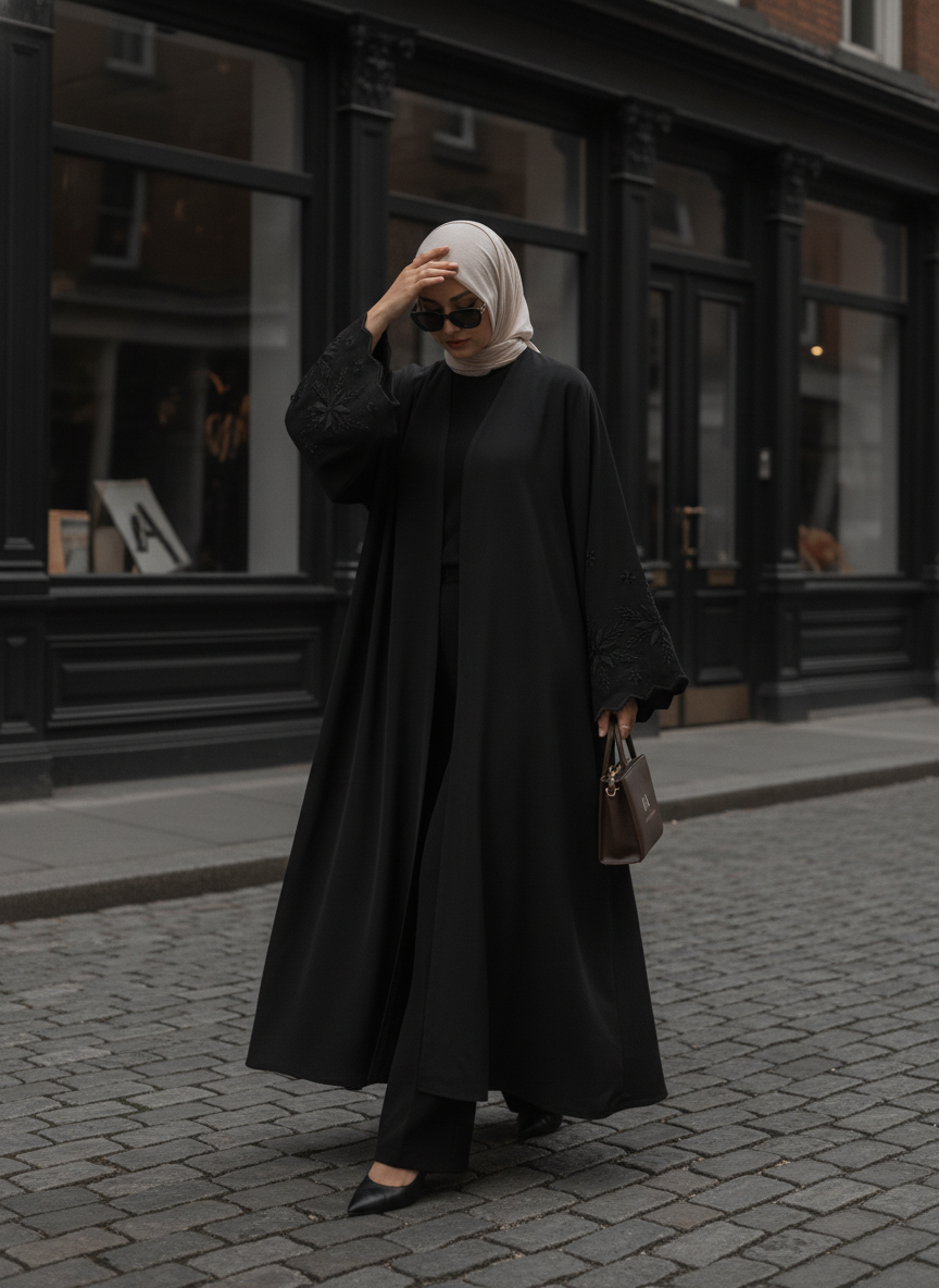 Private Black Embroidered Open-Front Abaya with Scalloped Sl