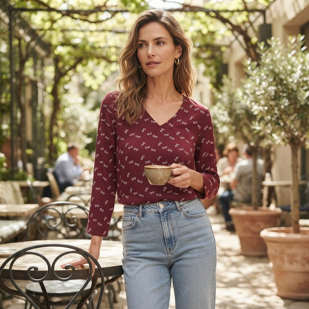 Women's Burgundy Bow Print V-Neck Long Sleeve Blouse