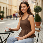 Women's Brown Peplum Sleeveless Scoop Neck Top