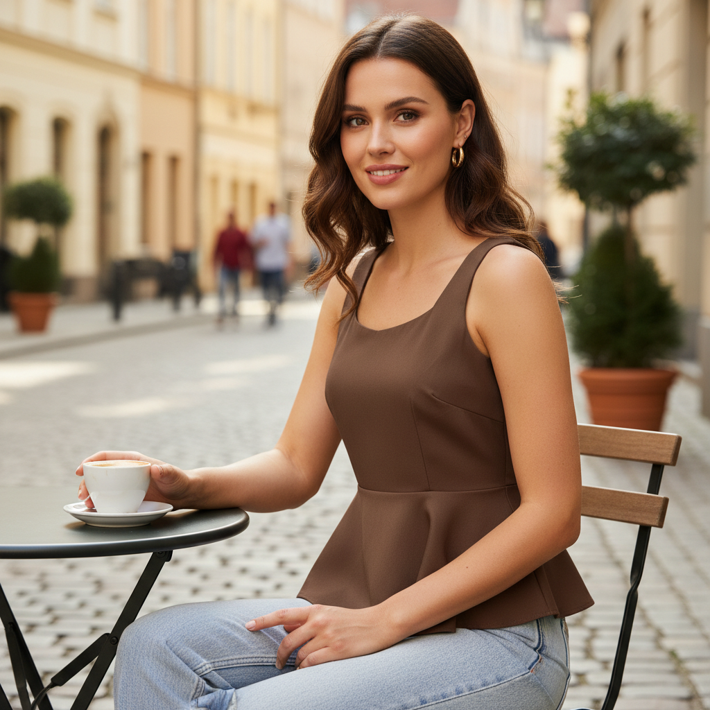 Women's Brown Peplum Sleeveless Scoop Neck Top