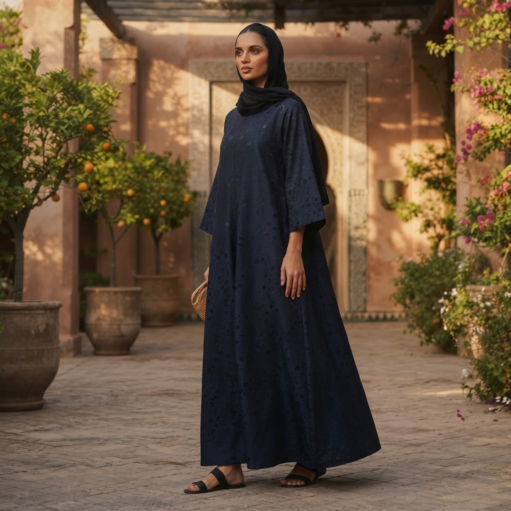 Navy Blue Floral Jacquard Long Modest V-Neck Dress