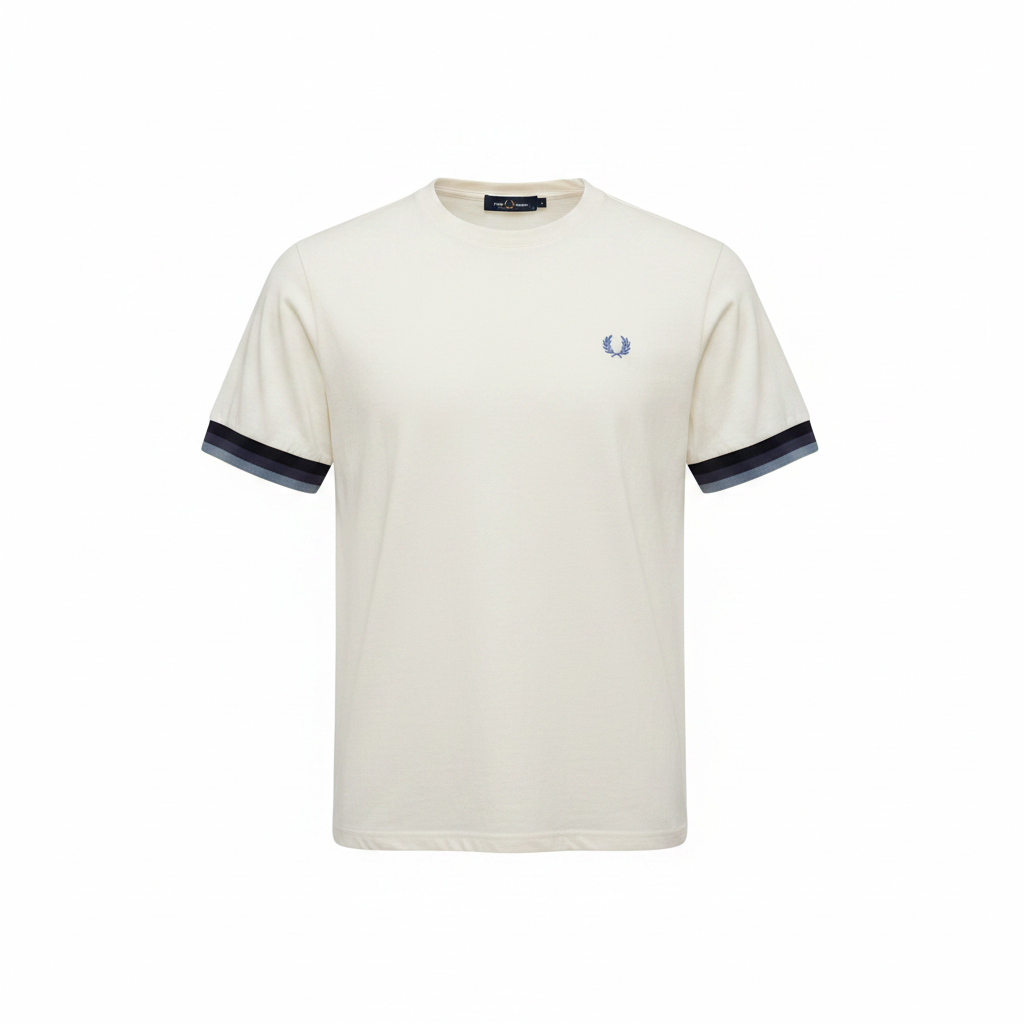 Fred Perry Men's Off-White Pique T-Shirt with Striped Cuffs