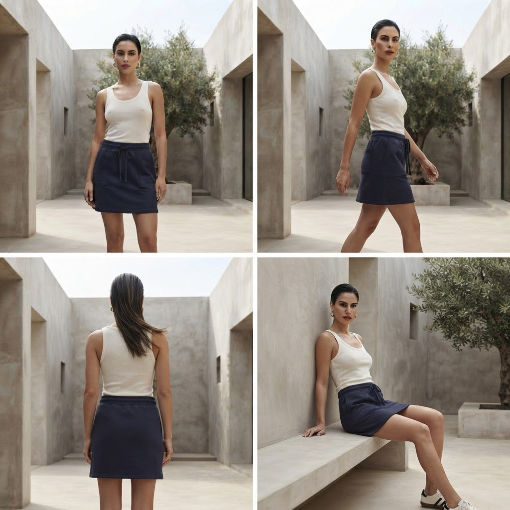 Navy Blue Jersey Mini Skirt with Drawstring Waist