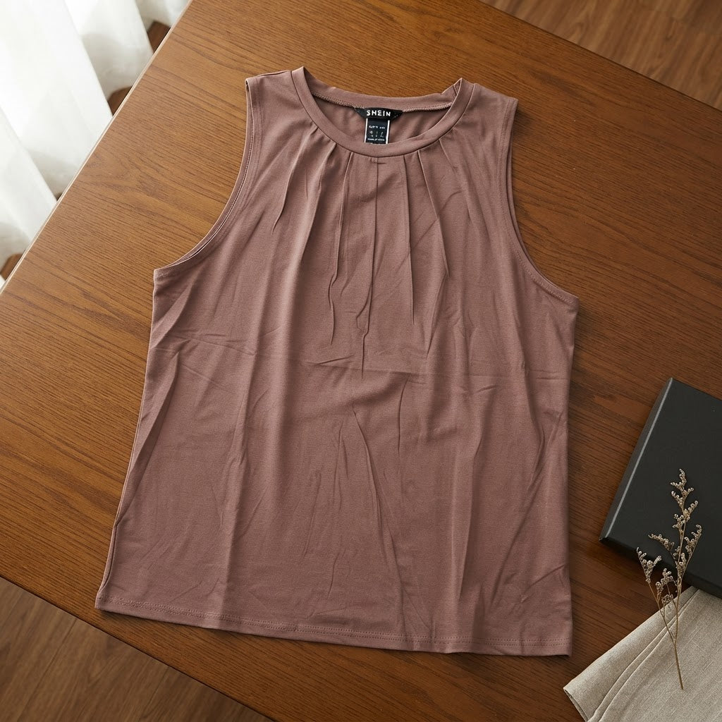 SHEIN Mauve Brown Sleeveless Pintuck Relaxed Blouse