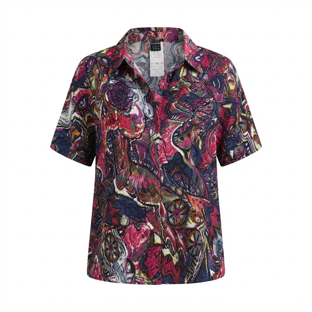SHEIN Navy Multicolour Abstract Print Relaxed Rayon Blouse