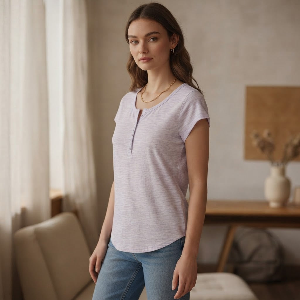 B collection Lavender Space-Dye Henley T-Shirt with Curved H