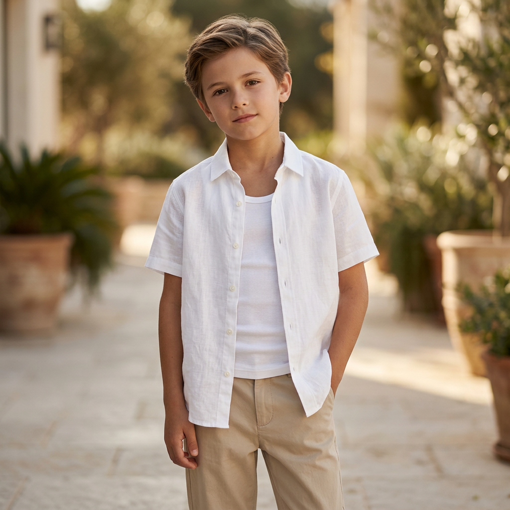 SHEIN Boys White Short Sleeve Linen Blend Button Down Shirt