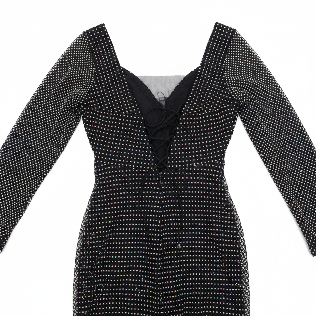 Bianca Nera Black Rhinestone Long Sleeve Evening Gown