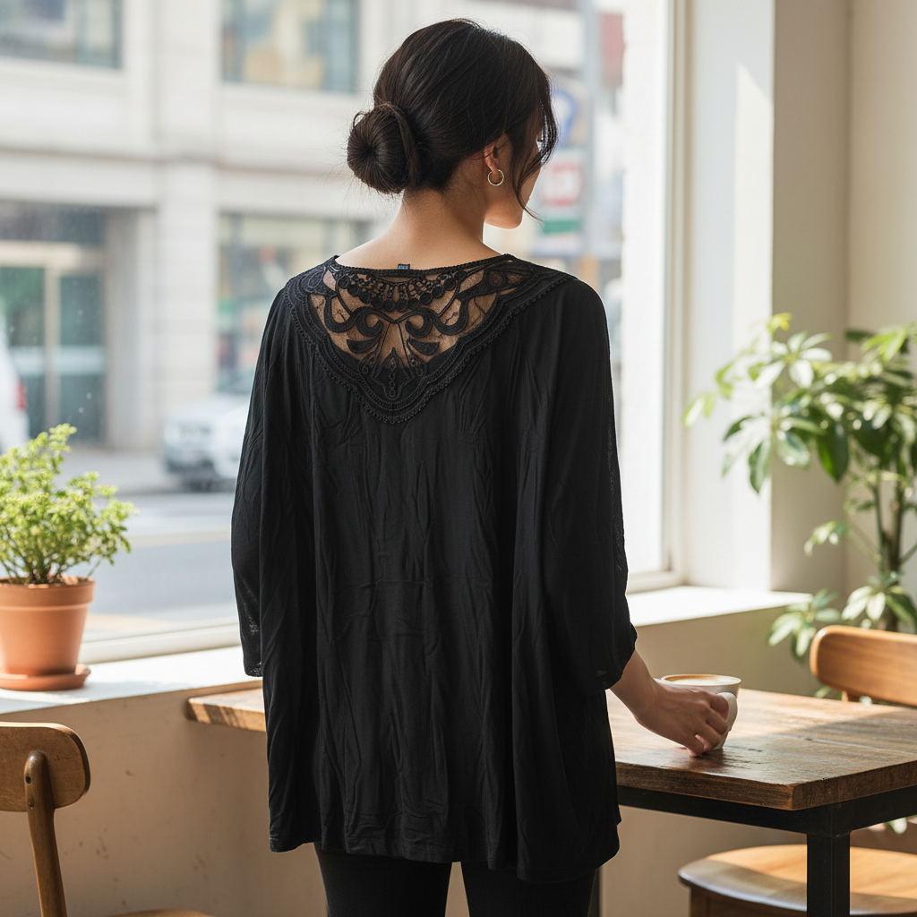 Women's Black Sleeveless Top with Embroidered Lace Yoke