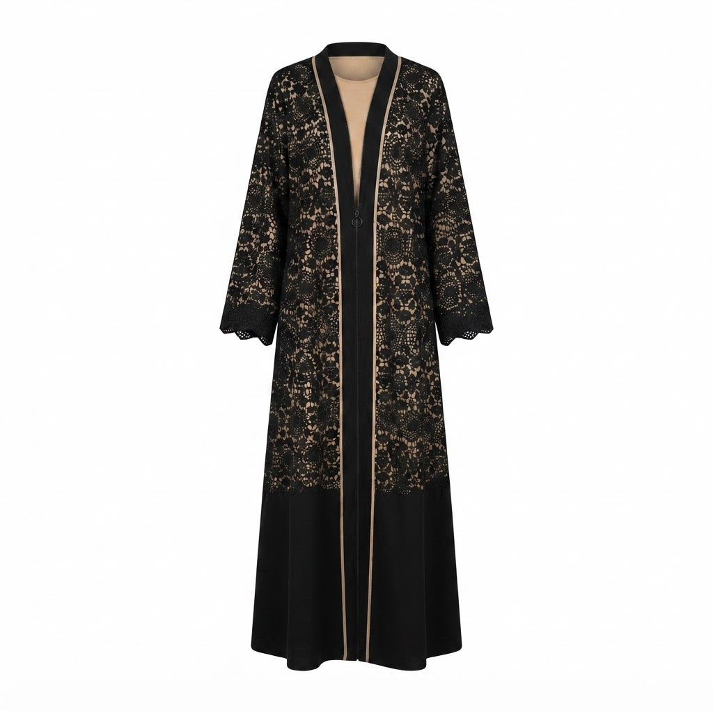 Black Lace and Crepe Modest Long Abaya Robe (Winter)