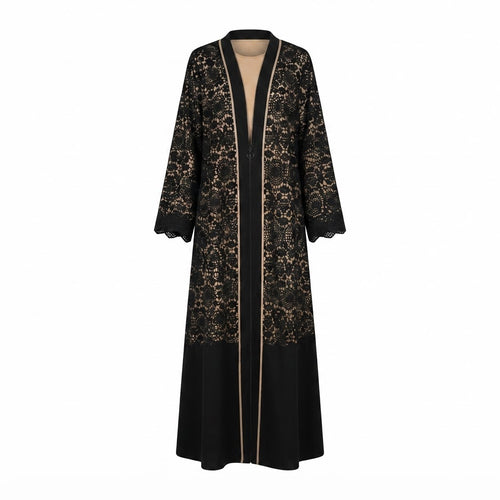 Black Lace and Crepe Modest Long Abaya Robe (Winter)