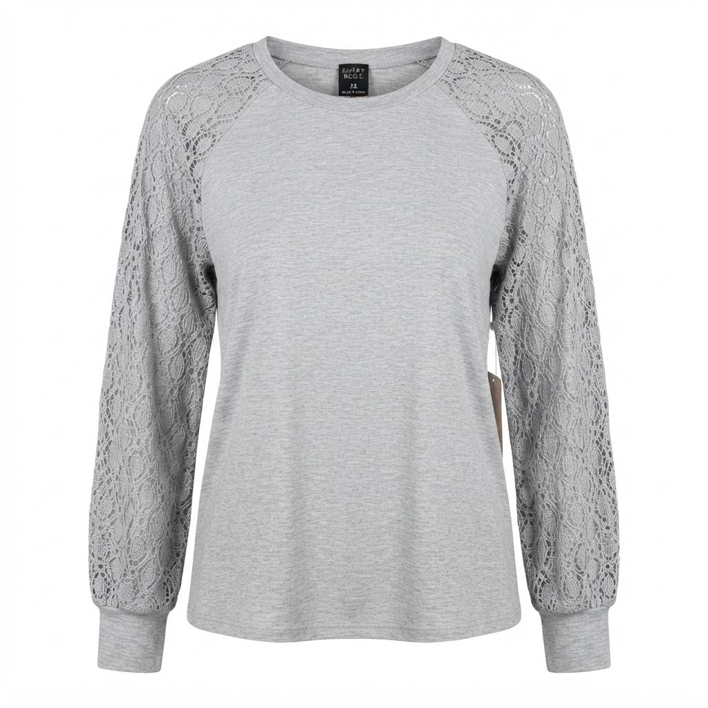 EMERY ROSE Light Heather Grey Top with Crochet Lace Sleeves