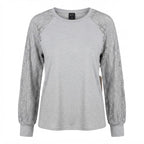 EMERY ROSE Light Heather Grey Top with Crochet Lace Sleeves