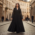 Elegant Black Abaya with Lace Panels and Sequins